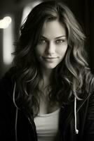 black and white photo of a woman with long wavy hair generative ai