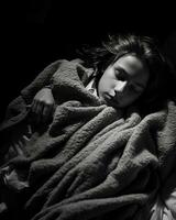 black and white photo of a young girl sleeping in bed generative ai