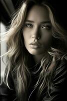 black and white photo of a woman with long hair generative ai