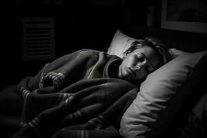 black and white photo of a young woman sleeping in bed generative ai