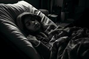 black and white photo of a young girl sleeping in a hospital bed generative ai