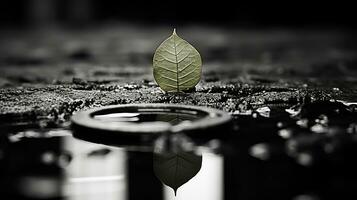 black and white photograph of a leaf on the ground generative ai photo