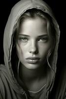 black and white portrait of a young woman in a hoodie generative ai photo