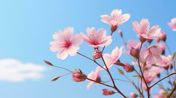 cherry blossoms on a branch against a blue sky generative ai photo