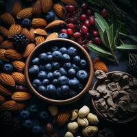 blueberries almonds hazelnuts and other nuts are arranged in a bowl on a dark table generative ai photo