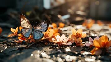 mariposa en el suelo con flores en el antecedentes generativo ai foto