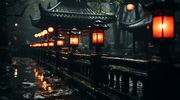 chinese lanterns on a bridge in the rain generative ai photo