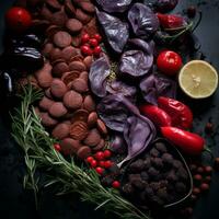 chocolate peppers and other ingredients arranged on a black background generative ai photo