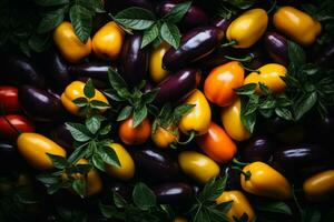 colorful peppers and tomatoes on a dark background stock photo generative ai