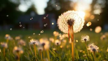 dandelions blowing in the wind at sunset generative ai photo