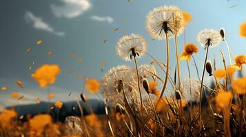 dandelions blowing in the wind on a sunny day generative ai photo