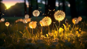 dandelions blowing in the wind at sunset generative ai photo