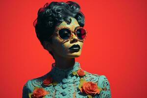 day of the dead woman with sunglasses on red background generative ai photo