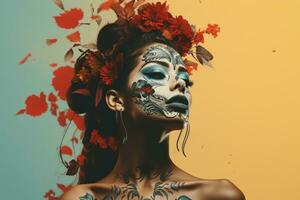 day of the dead woman with flowers on her face generative ai photo