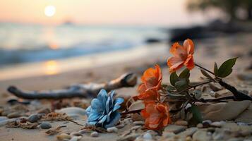 flores en el playa a puesta de sol generativo ai foto