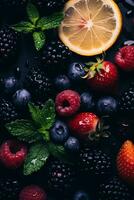 fresh berries and lemons on a black background generative ai photo