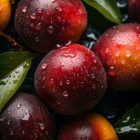 fresh plums with water droplets on black background generative ai photo