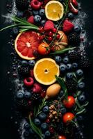 fresh fruits and vegetables arranged in a circle on a black background generative ai photo