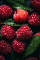 fresh raspberries with green leaves on a black background generative ai photo
