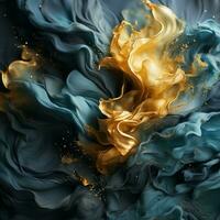 gold and blue liquid flowing over a black background generative ai photo