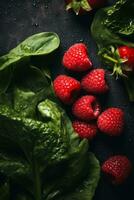fresh raspberries and spinach on a dark background generative ai photo