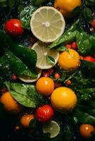 fresh lemons tomatoes and herbs on a black background generative ai photo