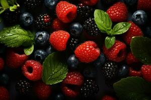 fresh raspberries blackberries and blueberries on a black background generative ai photo