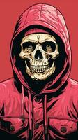 illustration of a skull wearing a red hoodie on a red background generative ai photo