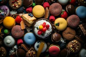 many different types of cookies and pastries are arranged on a table generative ai photo