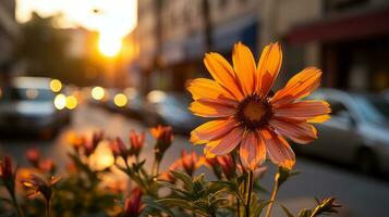 orange flower in front of a city street at sunset generative ai photo