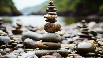 pebbles stacked on top of each other on a rocky beach generative ai photo
