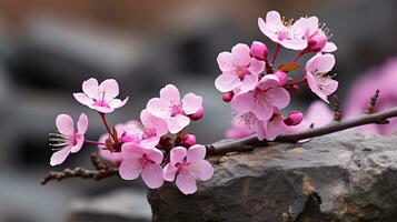 pink flowers are on a branch on a rock generative ai photo