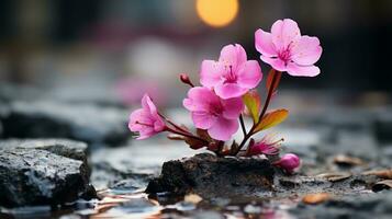 pink flowers growing out of rocks on the ground generative ai photo