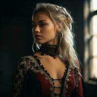 retrato de un hermosa rubia mujer en medieval ropa generativo ai foto