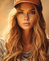 retrato de un hermosa rubia mujer en un béisbol gorra generativo ai foto