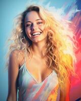 portrait of a beautiful blonde woman with a colorful background generative ai photo