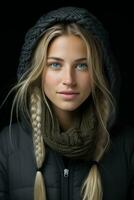 portrait of a beautiful blonde woman in winter clothes isolated on black background generative ai photo