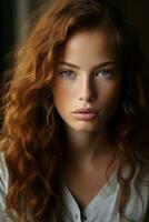 portrait of a beautiful redhead woman with long curly hair generative ai photo