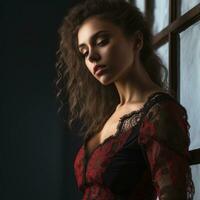 portrait of a beautiful woman in a red and black lace dress in front of a window generative ai photo