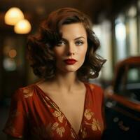 portrait of a beautiful woman with red lips and a vintage car generative ai photo