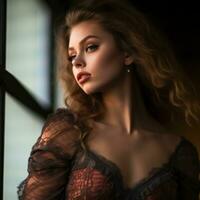 portrait of a beautiful young woman in a lace dress looking out the window generative ai photo