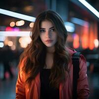 portrait of a beautiful young woman in a red jacket at an airport generative ai photo