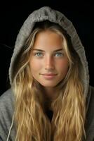 portrait of a beautiful young woman in a hoodie on a black background generative ai photo