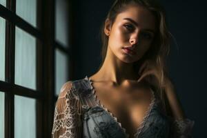 retrato de un hermosa joven mujer en frente de un ventana generativo ai foto