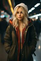 retrato de un hermosa joven mujer en invierno Saco y gorro en pie en un subterraneo estación generativo ai foto