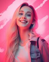 portrait of a beautiful young woman with long blonde hair on a pink background generative ai photo