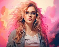 portrait of a beautiful young woman with glasses and pink hair generative ai photo