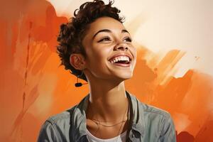 portrait of a young african american woman with a smile on her face on an orange background generative ai photo