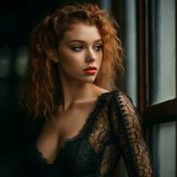 portrait of beautiful redhead woman in black lace dress generative ai photo