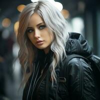 portrait of a young woman with long white hair and black jacket generative ai photo